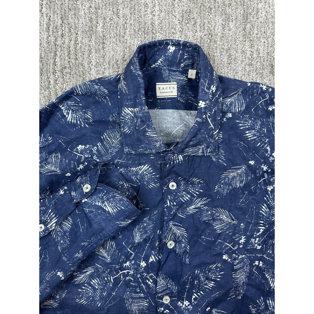 Xacus Floral Blue Button Down 100% Linen Mens Size Small Made in Italy Tropical